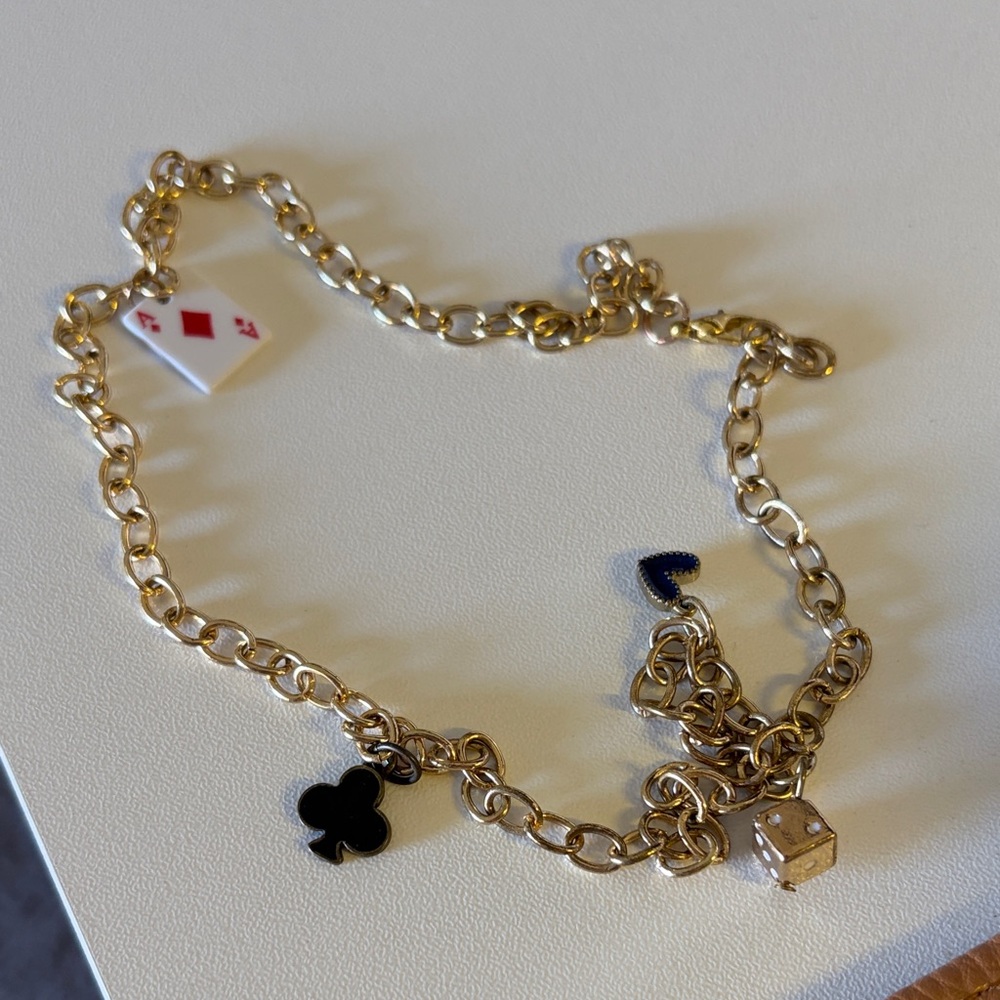 Gold Charm Necklace with Playing Card and Dice